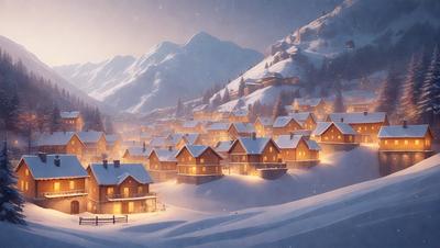 The primary subject of the image is a snow-covered village with a mountainous backdrop. The setting is a winter landscape, and the visual style appears to be a digital art or illustration. The dominant colors are white and gray, creating a serene and peaceful atmosphere. The village is surrounded by a snow-covered hill, and the overall mood is calm and tranquil.